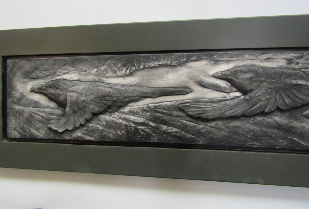 Three Crows Flying Limited Edition Framed Hand Made Bas Relief Tile