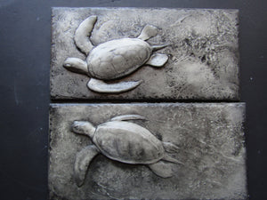 Swimming Green Sea Turtle Pair Concrete Bas Relief Art Tiles