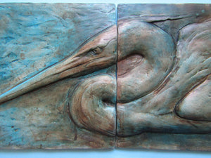 Stalking Heron Concrete Three Panel Wall Sculpture Handmade Art Tile