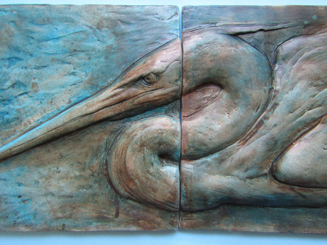 Stalking Heron Concrete Three Panel Wall Sculpture Handmade Art Tile