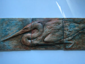 Stalking Heron Concrete Three Panel Wall Sculpture Handmade Art Tile